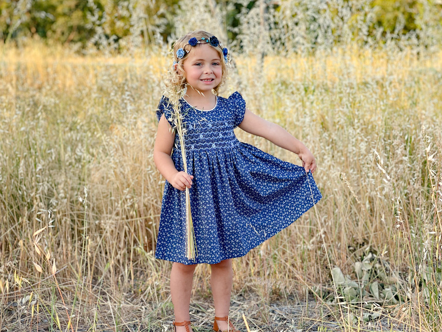 Navy Flower Smocked Dress (Round Neck)