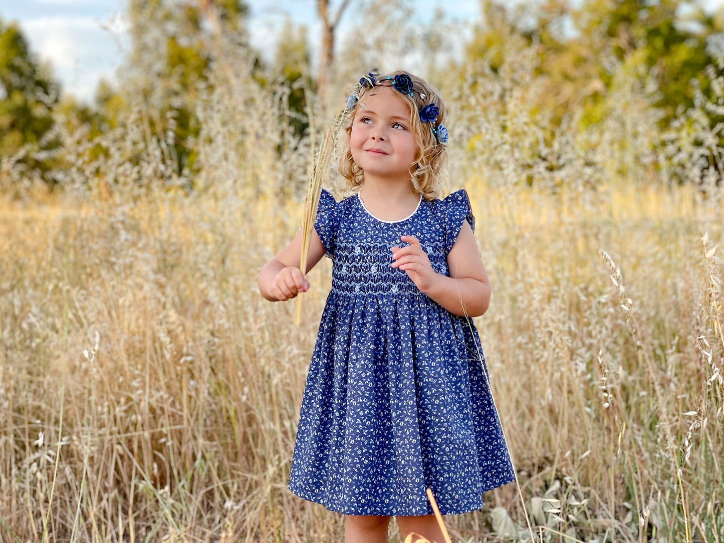 Navy Flower Smocked Dress (Round Neck)