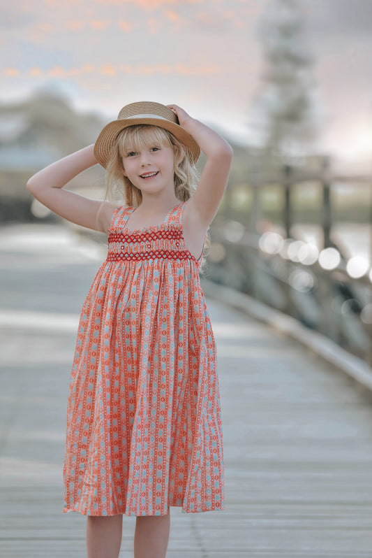 Brilliant Strap Orange Smocked Dress