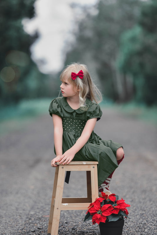 Green short sleeves hand smocked with embroidered pearls