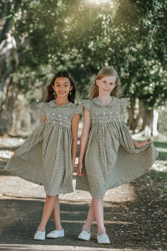 Green Gingham Linen Smocked Dress