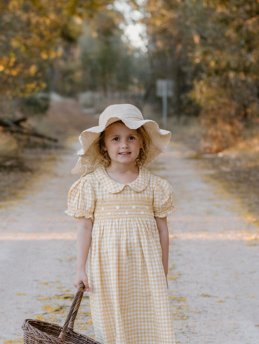 Yellow Gingham Linen Smocked Dress