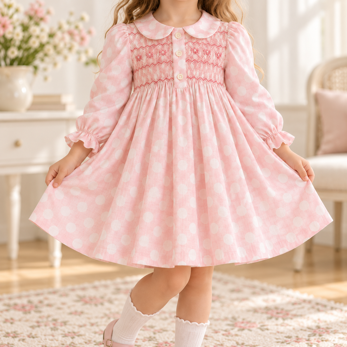 Amelia Pink Polka Dot Smocked Dress