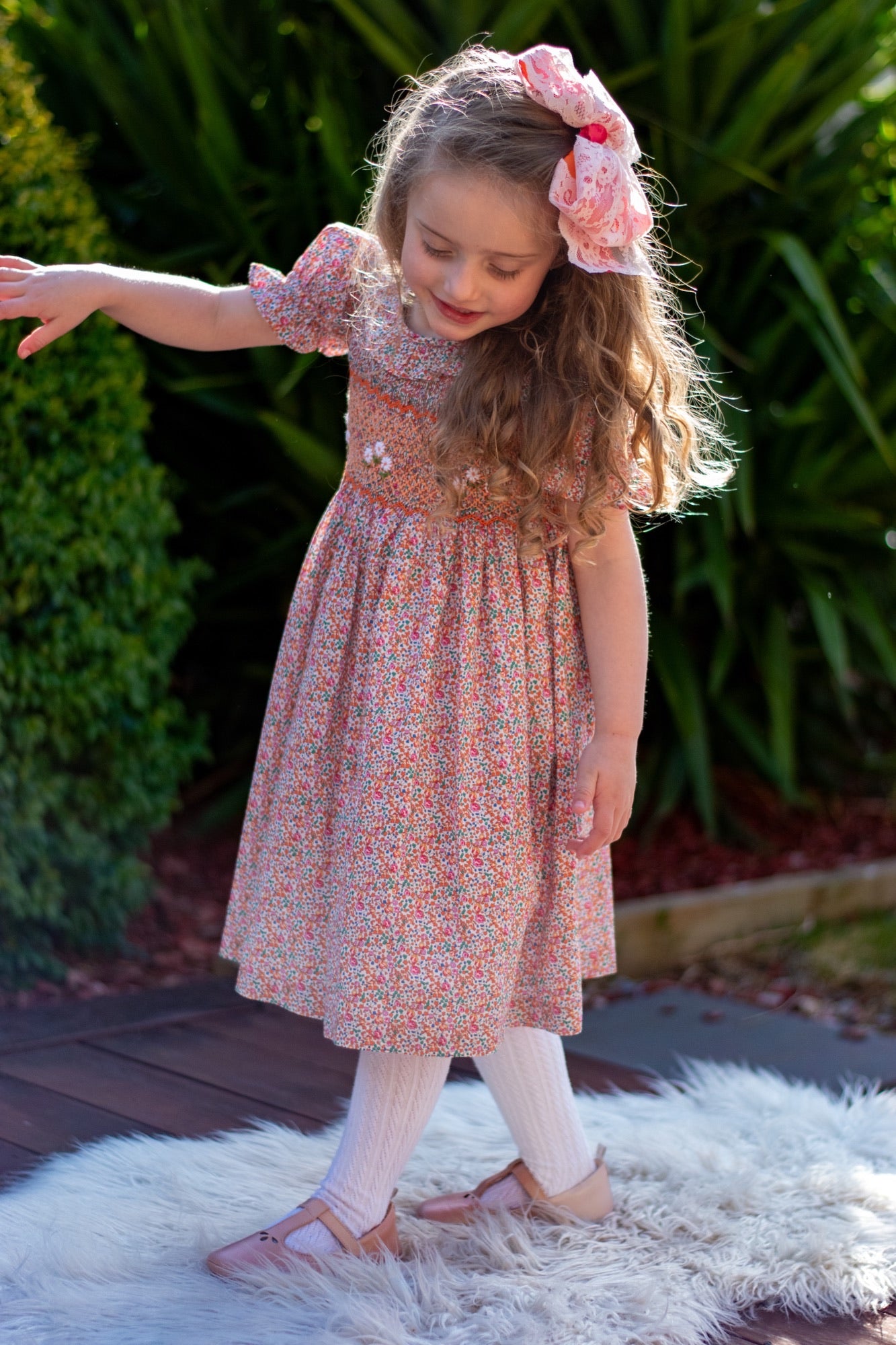 Tangerine Blooms Smocked Dress