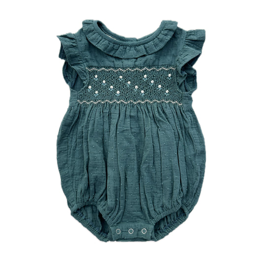 Emerald Mist Smocked Romper - Size 6m