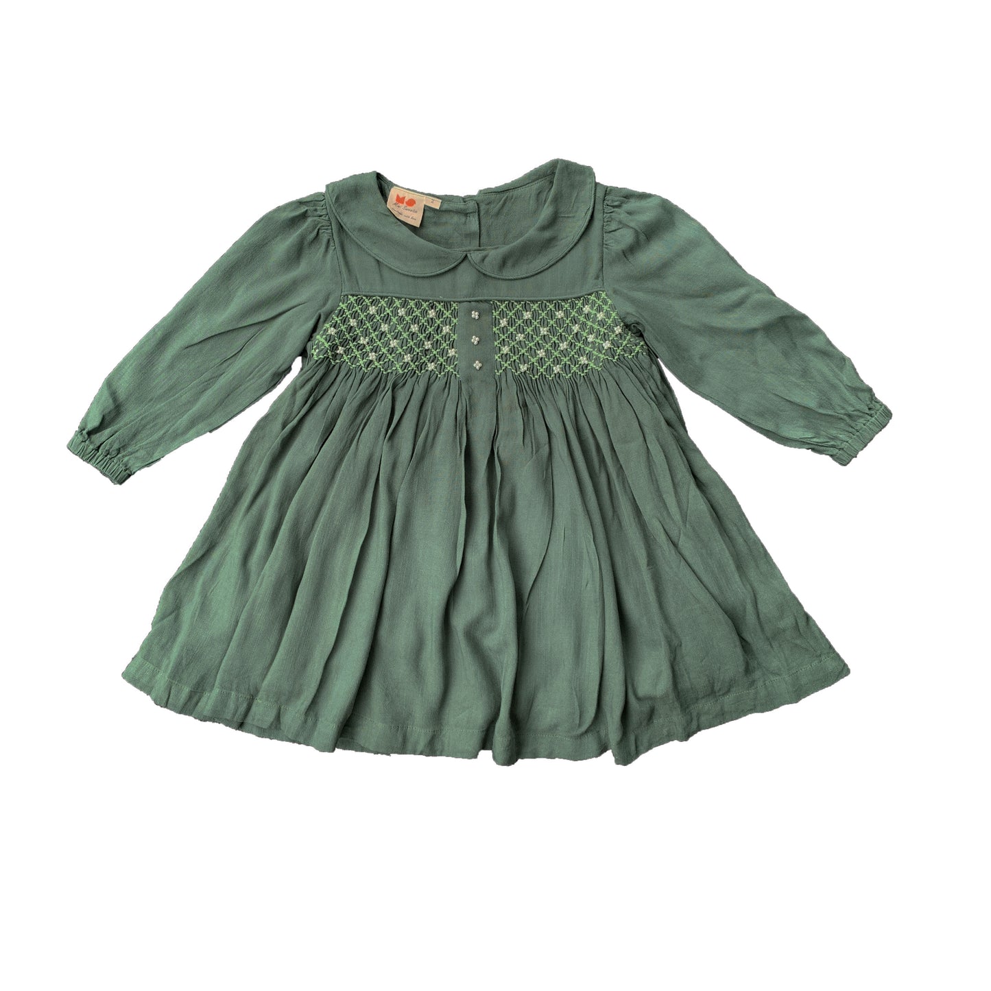 Green long sleeves hand smocked with embroidered pearls