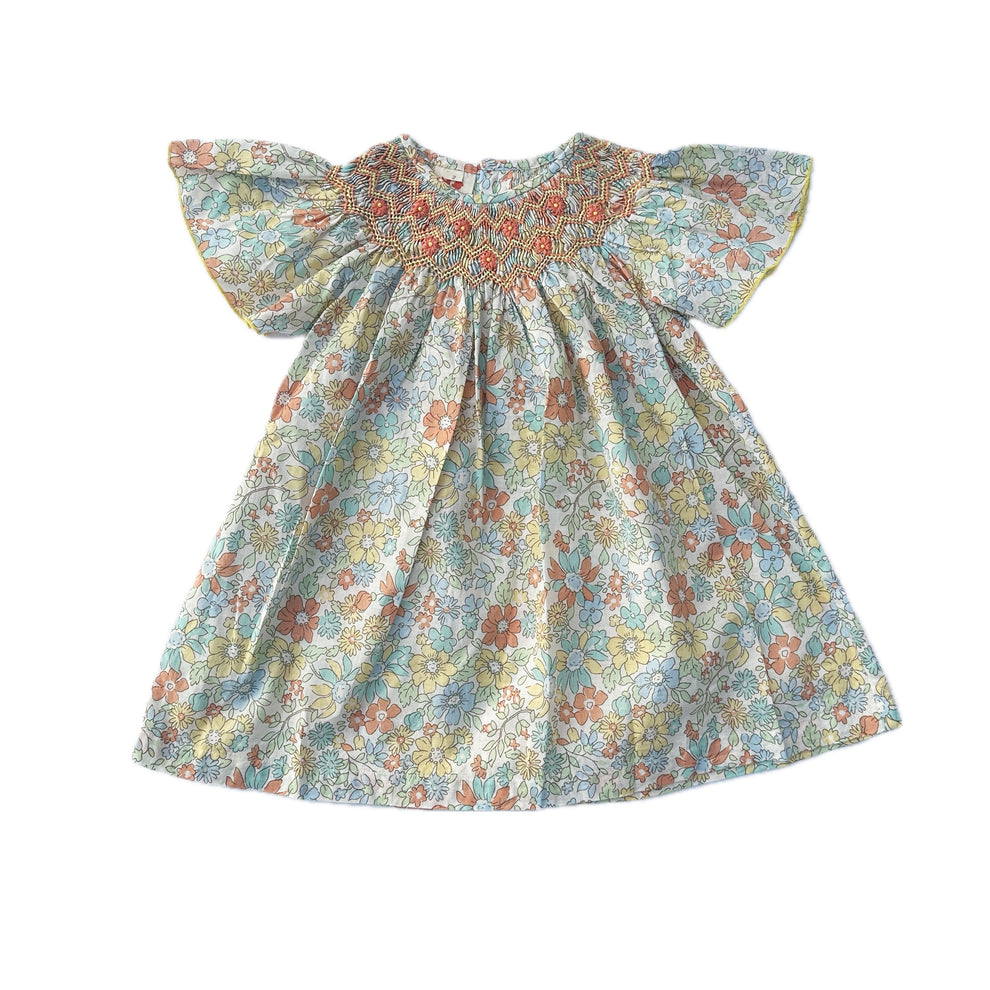 Orange Floral Puff Sleeve Smocked Bodice Ruffled Long Dress