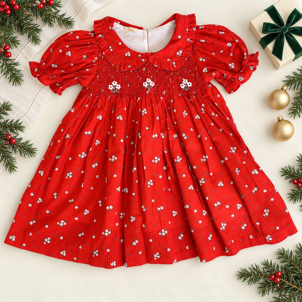 Red Floral Smocked Christmas Dress