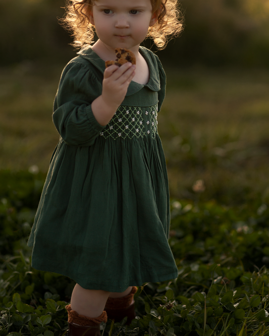 Green long sleeves hand smocked with embroidered pearls
