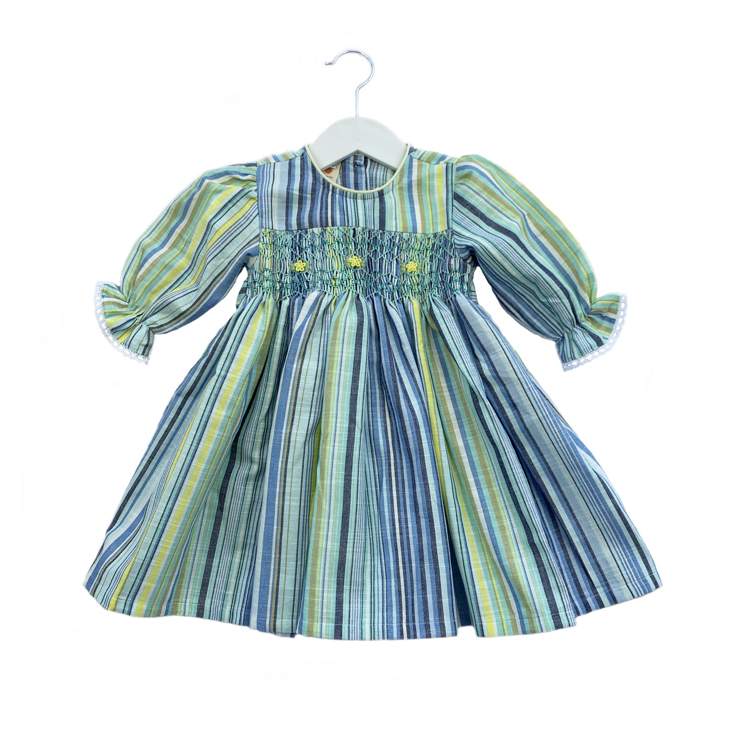 Tasteful long sleeves yellow and blue striped smocked dress.