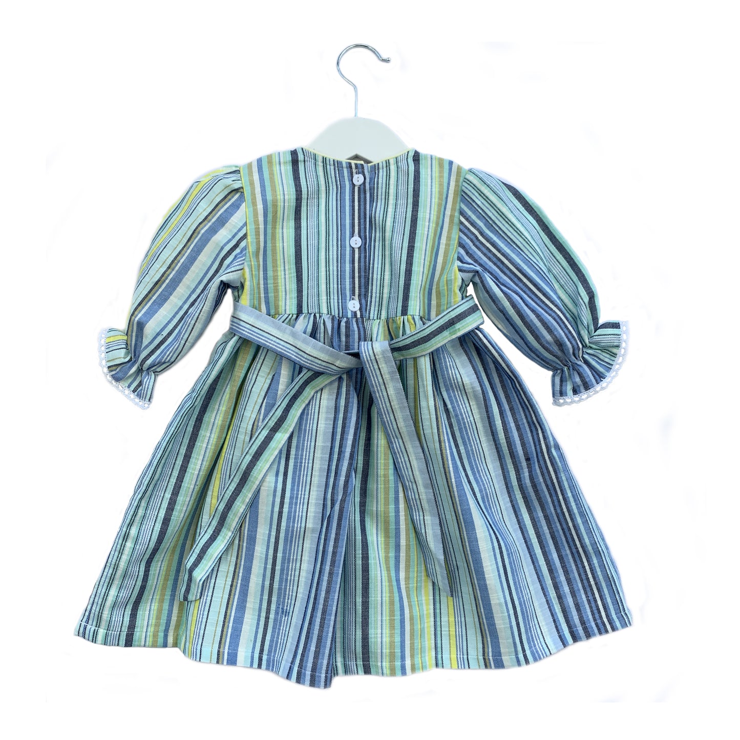 Tasteful long sleeves yellow and blue striped smocked dress.