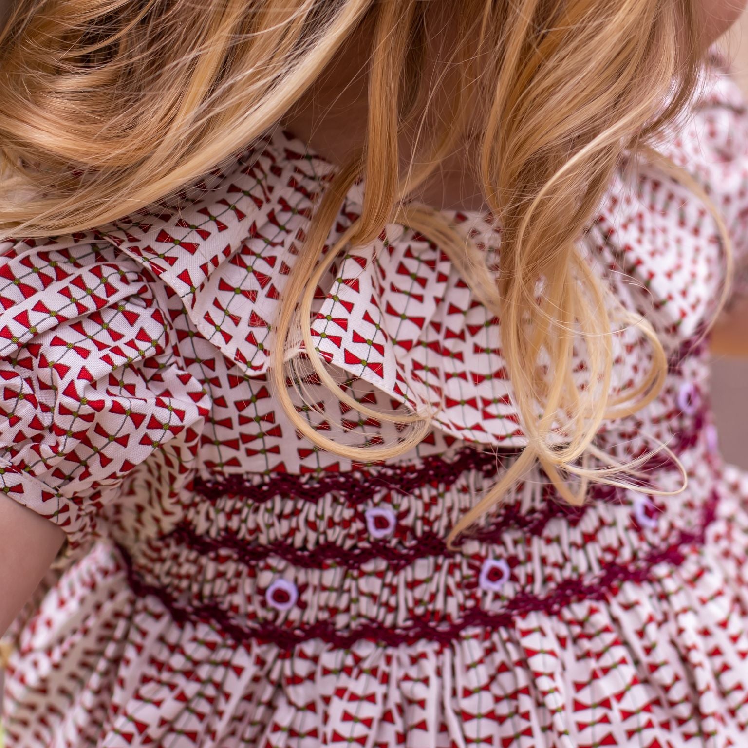 Maroon Red Bow Smocked Dress.