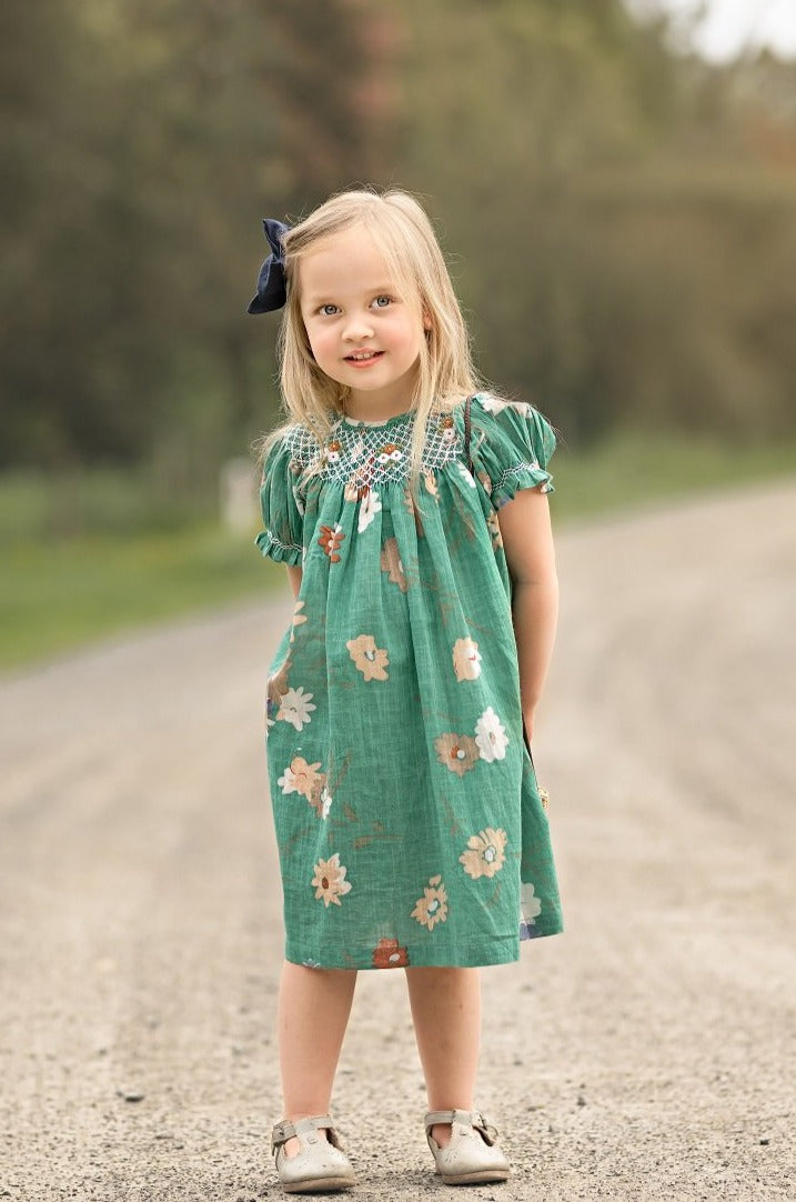 Emerald Green Bishop Smocked Dress.