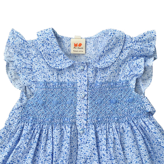 Blue Smocked Dress with Fluttery Sleeves