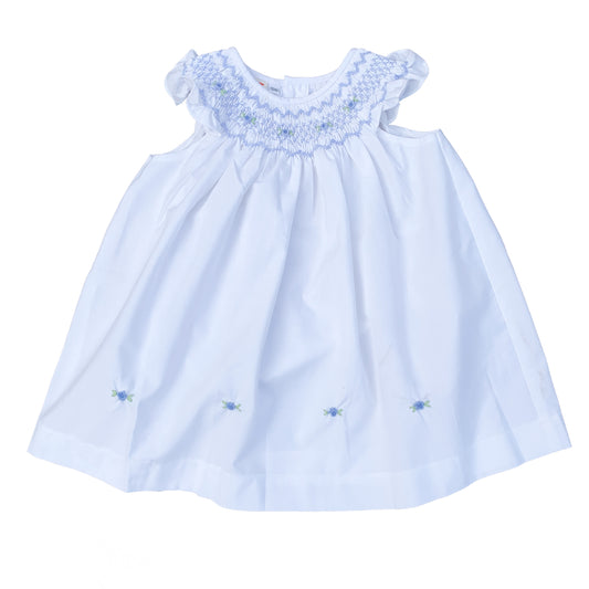 White Bishop Smocked Dress With Blue Flowers.