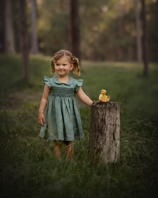 Light Green Linen Smocked Dress