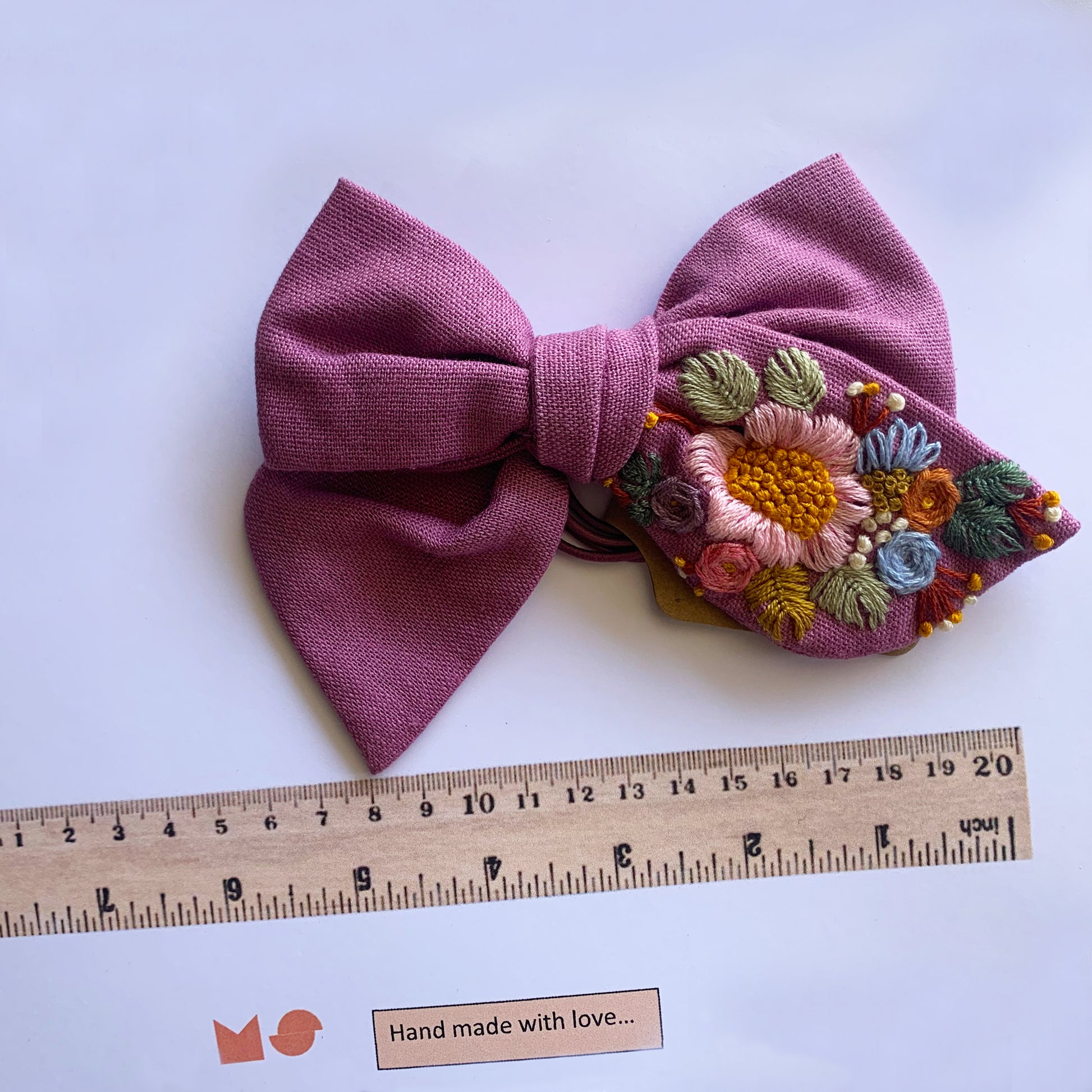 Linen Embroidered Hair Bow.