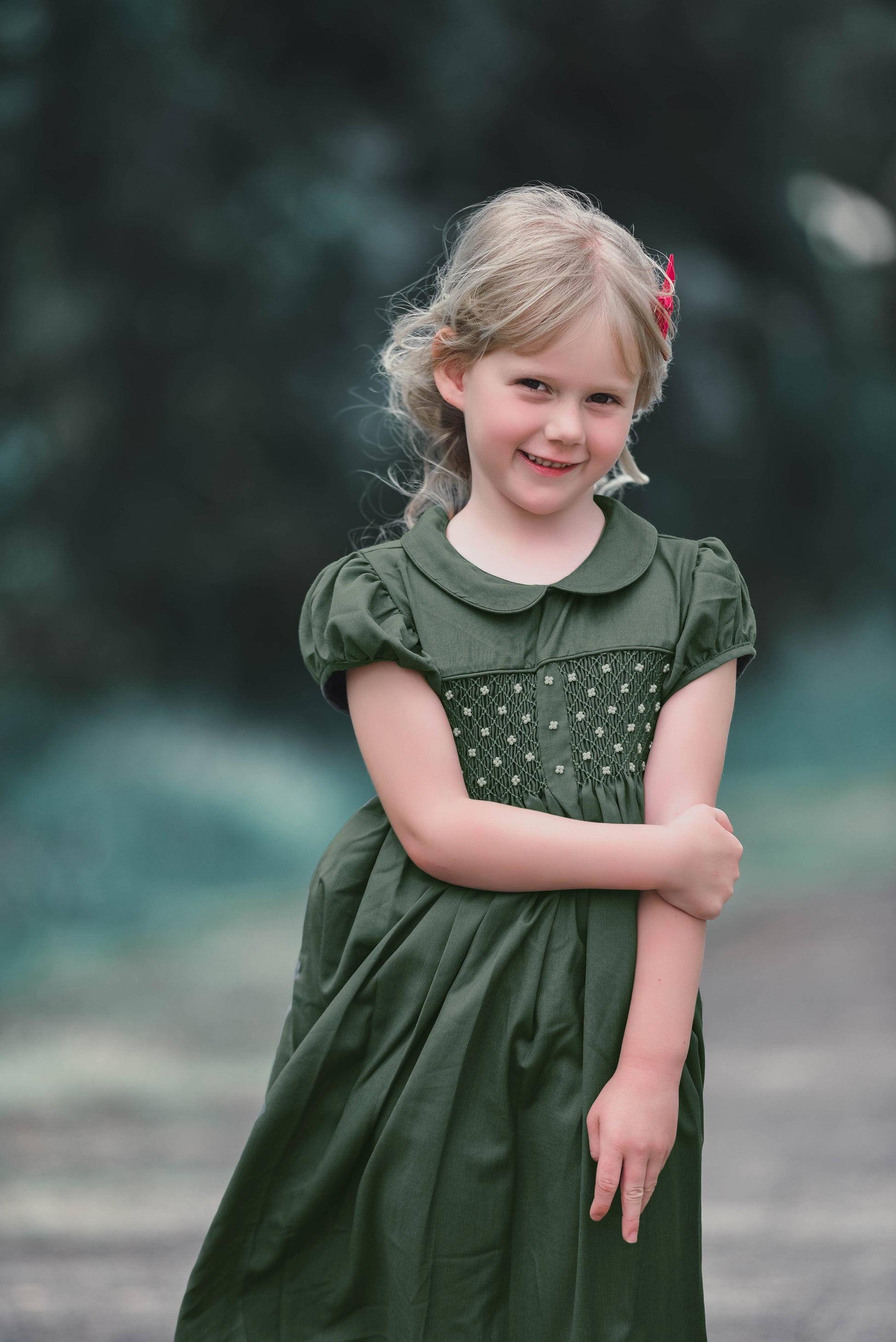 Green short sleeves hand smocked with embroidered pearls