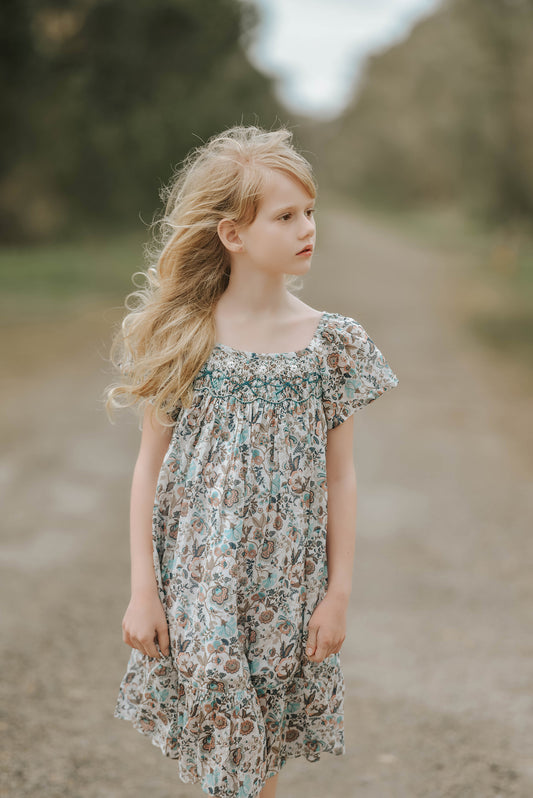 Turquoise Floral Smocked Dress